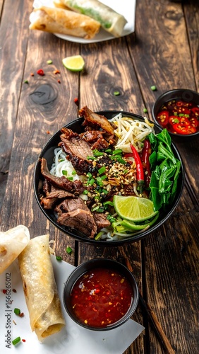 A flavorful bowl of rice noodles with grilled meat, vegetables, and a vibrant dipping sauce, accompanied by spring rolls, is presented on a dark wooden surface.