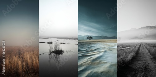 Fog, Mist, Landscape, Nature, Water, Field, Tree, Mountains, Path, Black and White, Photography, Collage, Moody, Serene