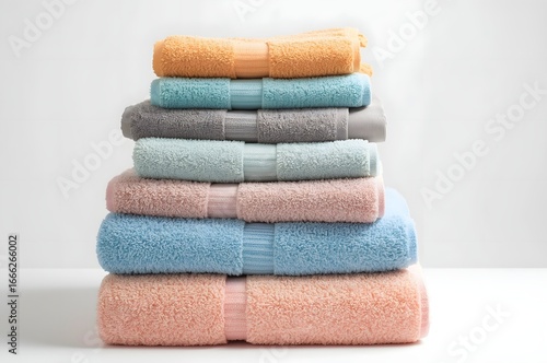 Colorful stacked up spa / bath towels isolated on white background