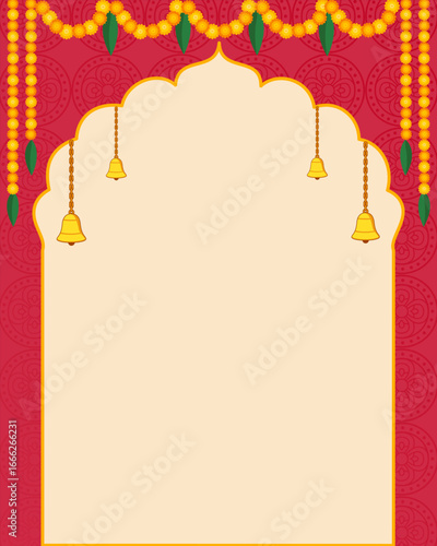 Indian festival background with Flower garland decoration toran bells for Happy Diwali, Dussehra Wedding Invitation
