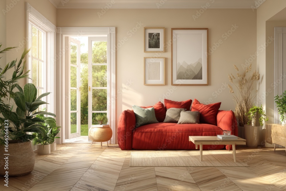 Fototapeta premium Sunny, modern living room with terracotta couch
