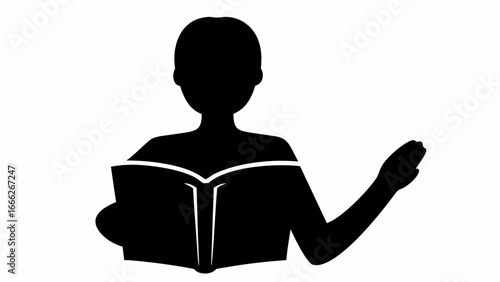 Silhouette of a person reading a book with one arm raised in a gesture on a white background design art | editable eps vectors