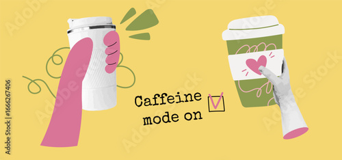 Vector collage with coffee cups. Pop art halftone illustration with hands holding takeaway drinks on a yellow background. Concept of cafe poster, coffeeshop decoration and contemporary illustration