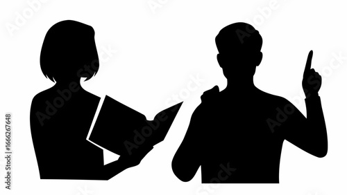 Silhouette of woman reading a book and man pointing upward in a black and white illustration style | editable eps vectors