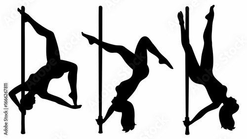 Three silhouettes of a woman performing pole dance moves on a pole in various poses and orientations | editable eps vectors