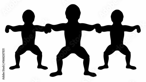 Three silhouettes of people holding hands with arms extended in a squatting position in black and white | editable eps vectors