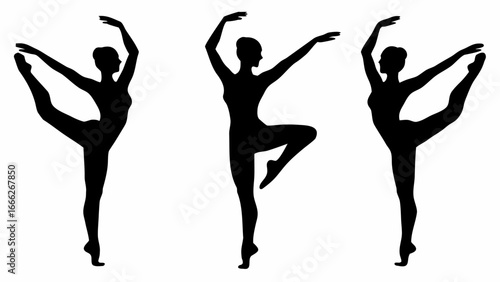 Three ballet dancers in silhouette performing different poses on a white background gracefully poised | editable eps vectors