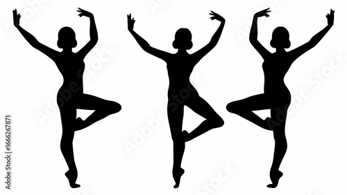 Three ballerina silhouettes in arabesque pose with arms raised in a black and white vector graphic style | editable eps vectors