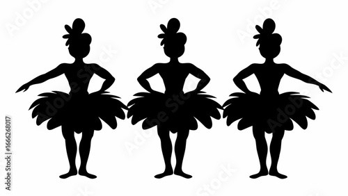 Silhouette illustration of three ballerinas wearing tutus and hair buns in a symmetrical arrangement | editable eps vectors