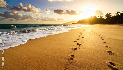 Golden Sands Footprints: A serene stretch of golden sand stretches towards the horizon, with a path of footprints leading into the distance, as the sun bathes the scene in a warm, inviting light.
