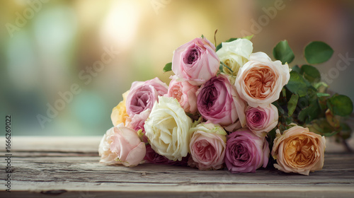 A Bouquet of Pastel Roses on a Wooden Surface