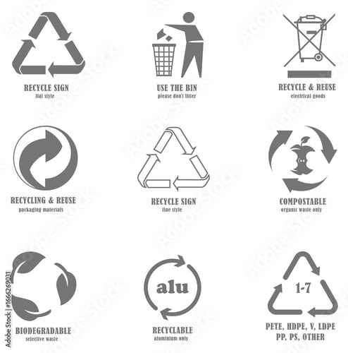 Recycle sign, compostable, biodegradable, recyclable, reuse, eco, green packaging waste icons in grey color. Wee sign, trash bin, green dot, ecology, compostable, alu, e waste icon set collection