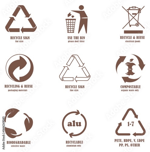 Recycle sign, compostable, biodegradable, recyclable, reuse, eco, green packaging waste icons  set. WEEE sign, eco, green point, garbage, sustainability icons collection. Vector illustration