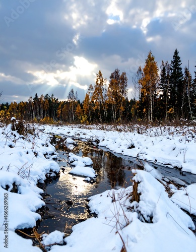 A serene winter landscape showcases a small stream winding through a snowy forest, bathed in the golden light of a sunbeam breaking through the clouds.