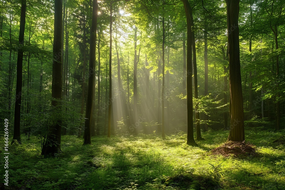 Fototapeta premium Sunlight streaming through trees in lush green forest