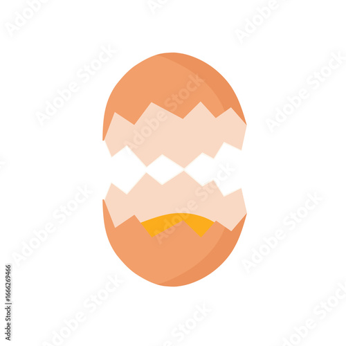 Vector illustration of a cracked egg with shell split into two parts, yolk visible inside. Simple food design element for cooking, breakfast, nutrition, and organic product themes