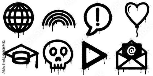 Collection of graffiti stencil icons spray painted in black on a white wall. Includes globe, rainbow, exclamation mark, heart balloon, graduation cap, skull, play button, and email envelope symbols.