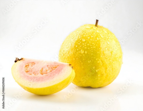 Fresh guava fruit, whole and sliced, displays vibrant yellow skin and pink interior, glistening with water droplets against a plain white background.