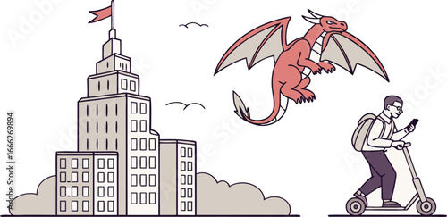 Dragon rides a scooter behind a person walking with a laptop near a skyscraper