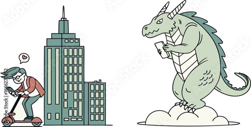 Dragon rides a scooter behind a person walking with a laptop near a skyscraper