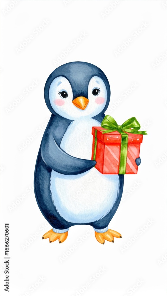 Obraz premium Cartoon Penguin Holding a Red Present Box with Green Bow on White Background