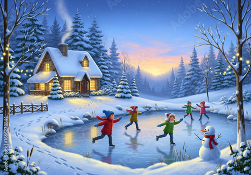 Illustration of joyful children ice skating on a frozen pond by a cozy cottage in a magical winter wonderland.

