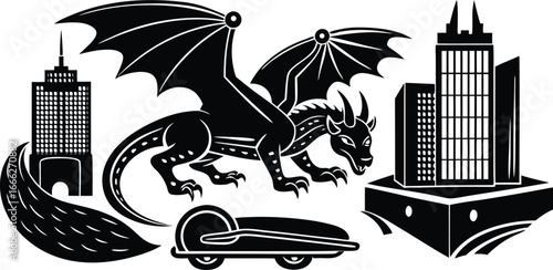 Mythical dragon soars above a futuristic cityscape