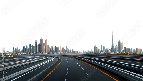  highway with city skyline in the background, on a white transparent background, in png format 