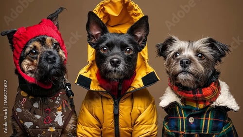 Three dogs wearing winter coats