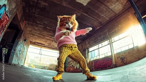 A cat in a pink sweater and yellow pants is dancing in an abandoned building