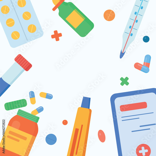 Medicine drug flat vector set with pills, thermometer, and bottles and a free space in the middle