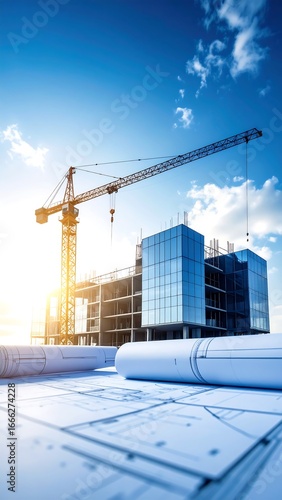 Construction Site with Modern Skyscraper and Architectural Plans.