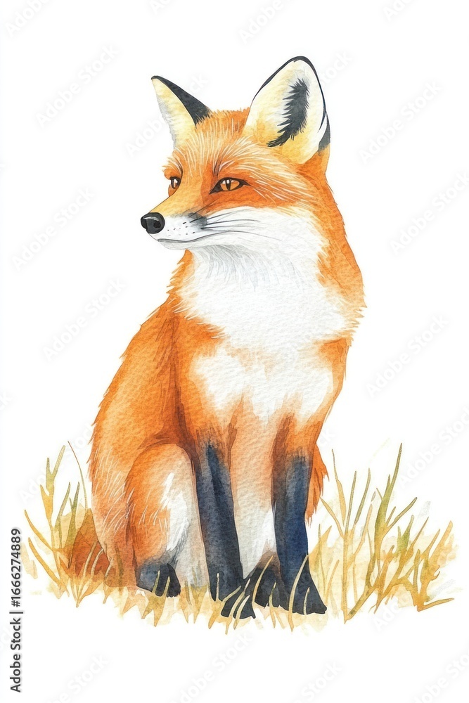 Fototapeta premium Fox sitting illustration watercolor wildlife.