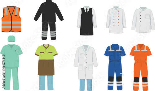 Professional work uniforms collection, safety clothing, medical scrubs, chef jackets, industrial coveralls, high-visibility vests, service industry apparel, workwear essentials