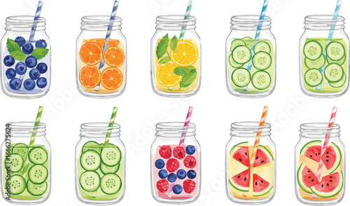 Refreshing summer fruit infused water in mason jars, healthy detox drinks with blueberries, cucumbers, citrus, watermelon, mint, perfect for hydration