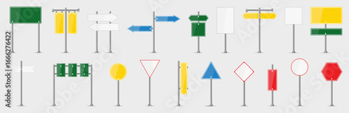 Road signs collection. Traffic road signs and street boards in different shapes, colors, and directions for navigation and transport safety