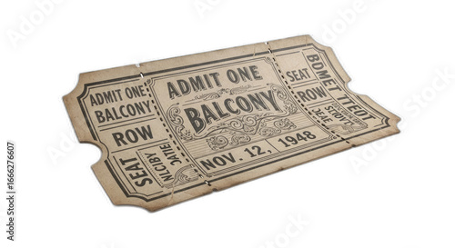 Close up of a vintage admit one balcony ticket dated november twelfth nineteen forty eight