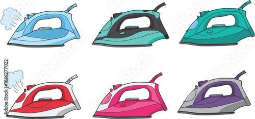 Set of colorful electric steam irons for home, laundry, fabric care, wrinkle removal, garment pressing, household appliances, modern design, steam technology, efficient ironing