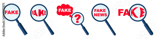 Fake news detection icons collection. Magnifying glass illustrations with fake text for misinformation, fraud, and hoax investigation