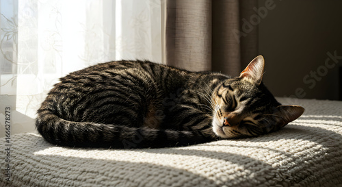 Peaceful Bengal Cat Napping in Sunlit Window Cozy Home Interior Pet Animal Sleep Relaxation Domestic