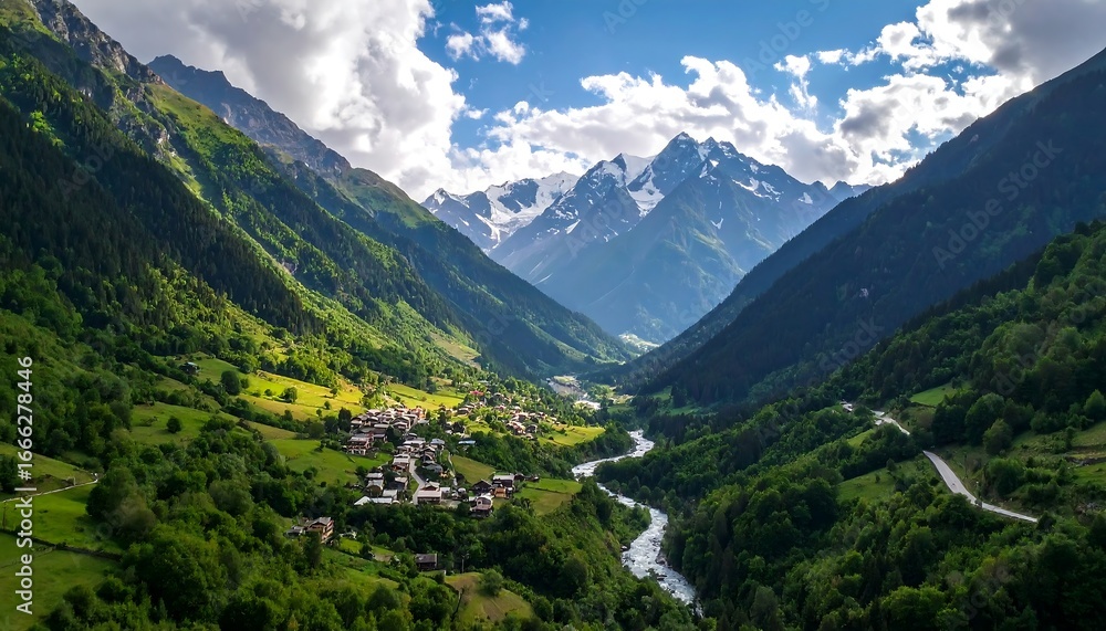Fototapeta premium Lush valley nestled in majestic mountains