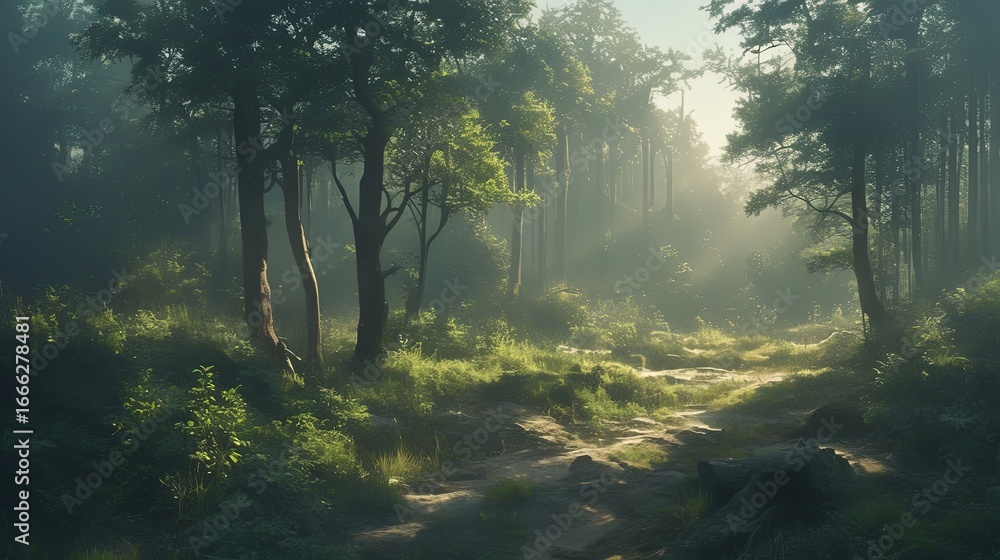 Fototapeta premium Path Through Fog: Photorealistic Forest Path Emerging from Morning Mist with Light Beams Symbolizing Clarity and Direction in Uncertain Times