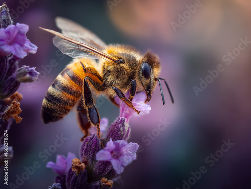 A honeybee collecting nectar from a lavender flower in a garden setting