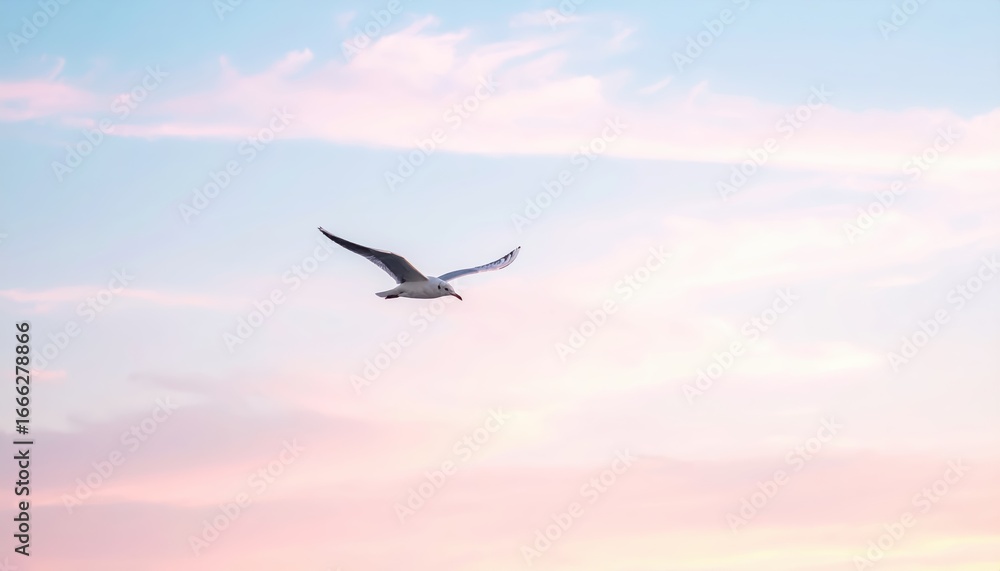 Obraz premium Soaring Freedom: A lone seagull glides effortlessly through a pastel sky, its wings outstretched against a canvas of soft blues and pinks, evoking a sense of tranquility and unbounded liberty.