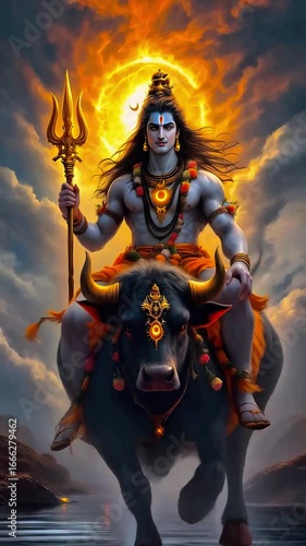 Divine Lord Shiva riding Nandi the bull and holding the Trishula with a glowing sun behind. Powerful Hindu god Mahadev with his third eye in a dramatic sky. Mythology, worship, cosmic, Indian religion