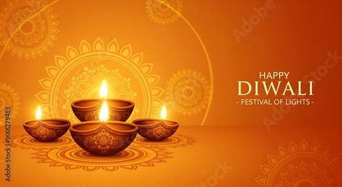 Wallpaper Mural Traditional Diwali greeting with glowing oil lamps and mandala art on orange background, symbolizing prosperity, spirituality, and celebration of the festival of lights Torontodigital.ca