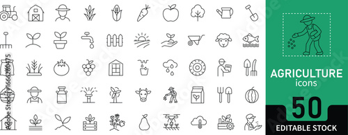 Agriculture icon set featuring farming, crops, soil, harvest, tools, irrigation, livestock, sustainability, and agricultural production symbols.on