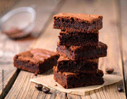 A delicious stack of homemade chocolate brownies on parchment paper. Rich, fudgy dessert squares on a rustic wooden table. Perfect for bakery, cafe, and comfort food concepts. Generative AI