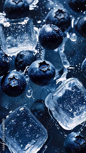 Close-up video of fresh blueberries and crystal-clear ice cubes with sparkling water droplets, creating a dynamic, refreshing, and cool summer vibe 