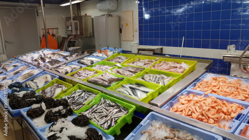 Fotografie A kaleidoscope of seafood in ice glistens under neon lights, invoking Lunar New